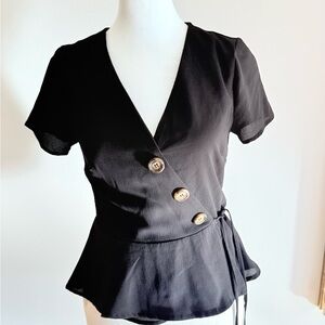 Chic Black Buttoned Wrap Blouse
